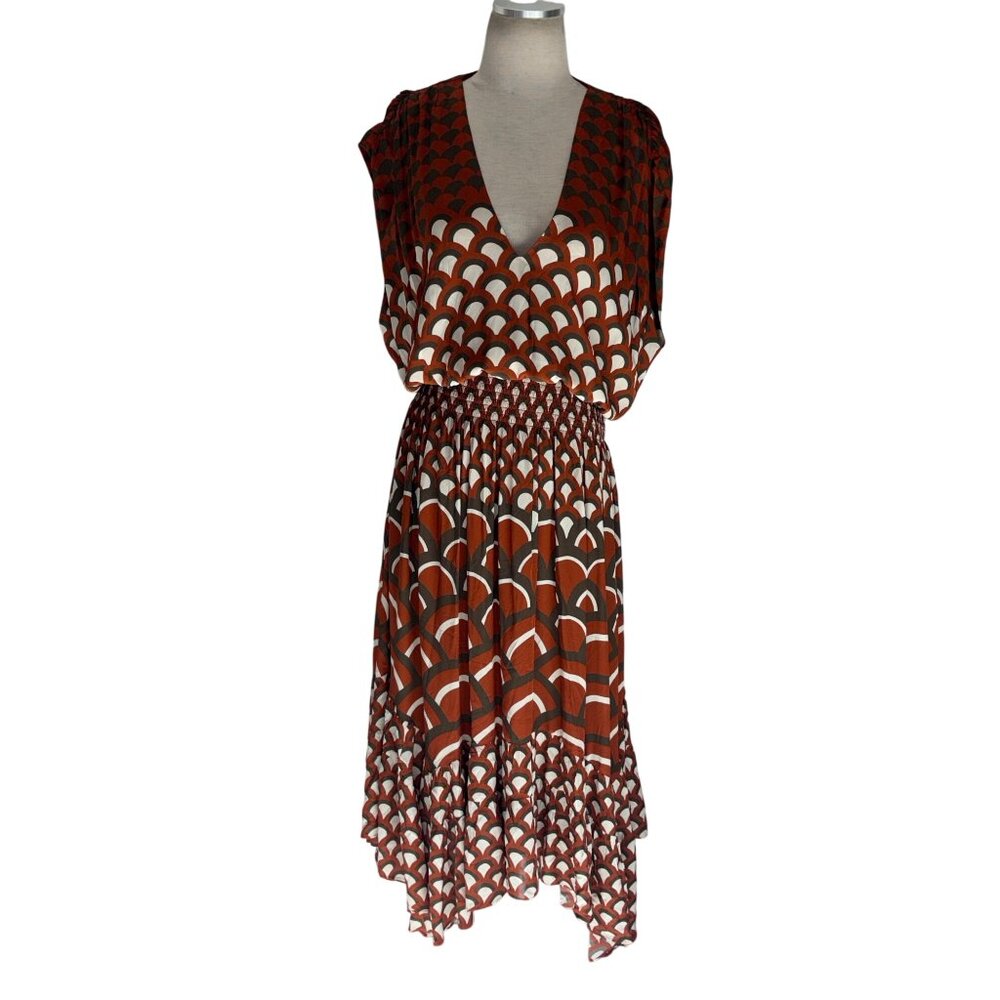 Ramy Brook Elie V-Neck Smocked Midi Dress in Amber Retro Large Womens Blouson - Picture 4 of 10